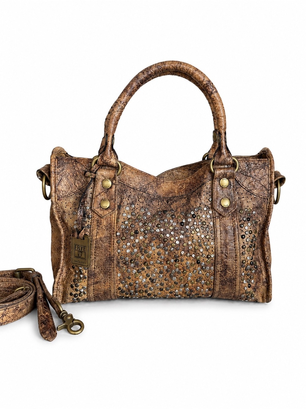 Frye Deborah Studded Distressed Brown Leather Satchel Bag